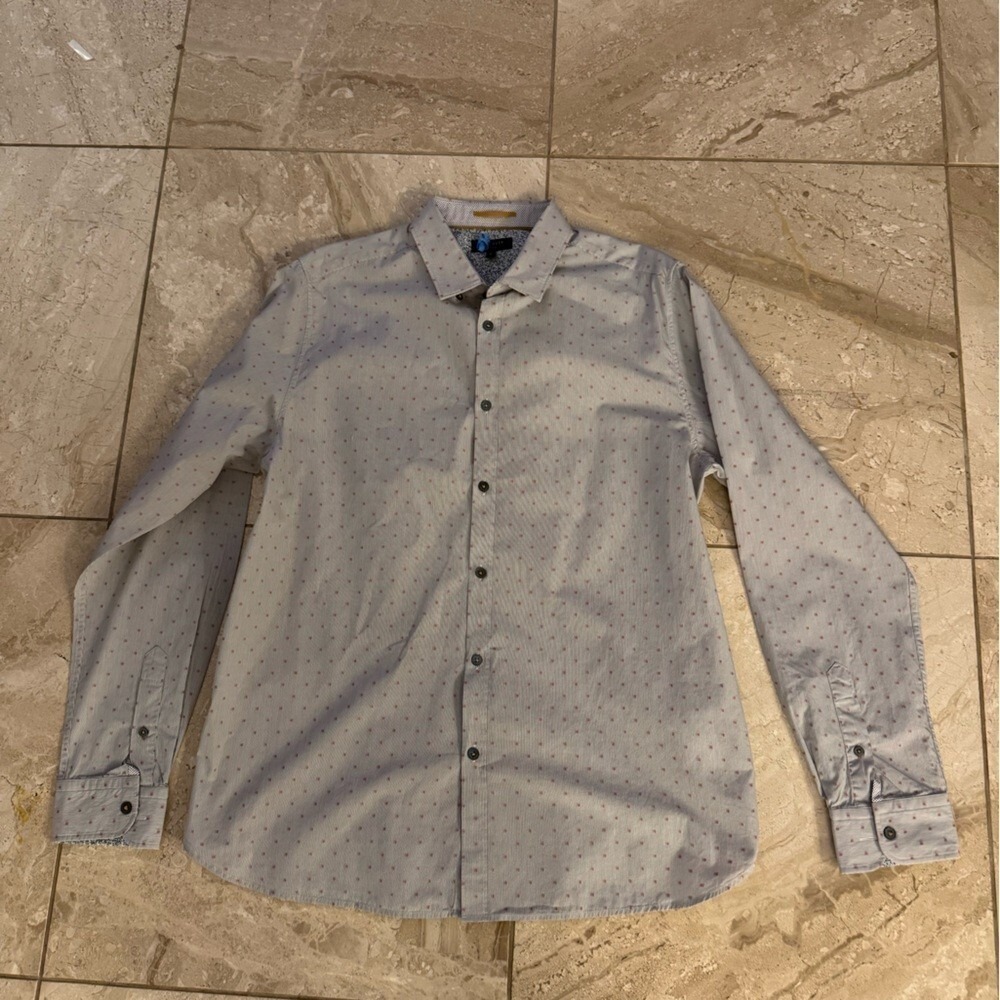 Ted baker men's dress shirt light blue/whitete stripe with red blocks size 5- XL